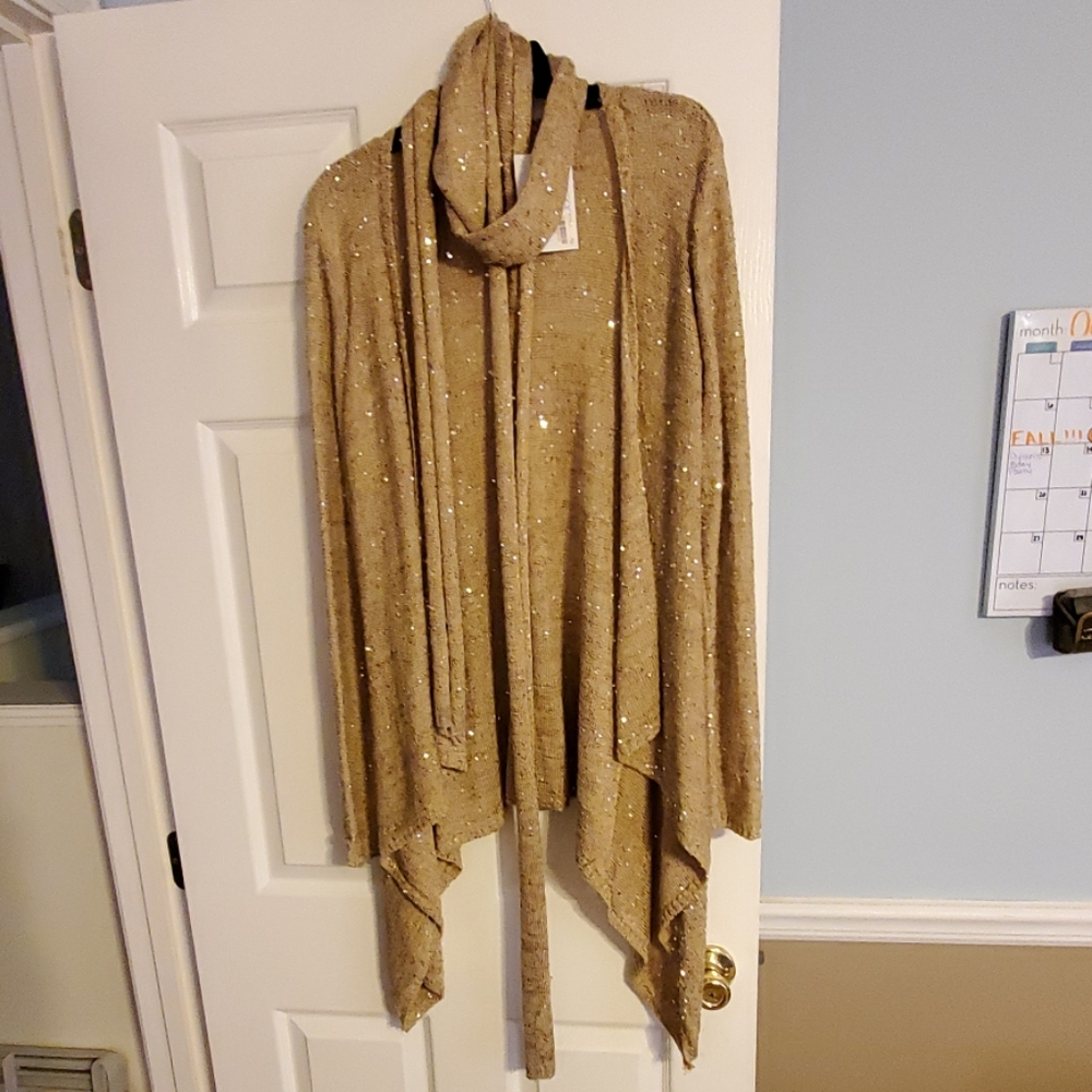 Gold sequined knit sweater with scarf
